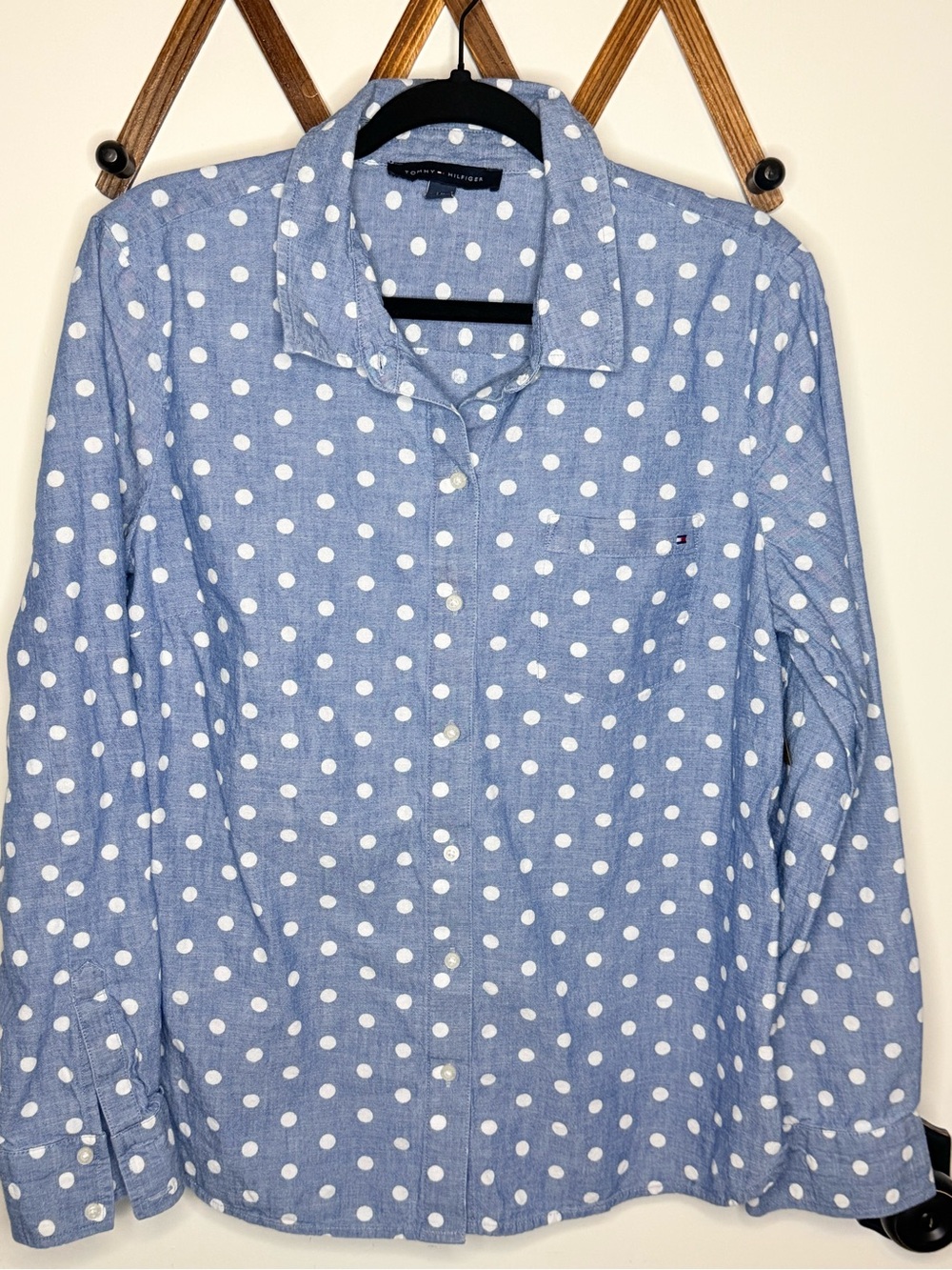 Tommy Hilfiger Blue and White Polka Dot Button-Down Shirt